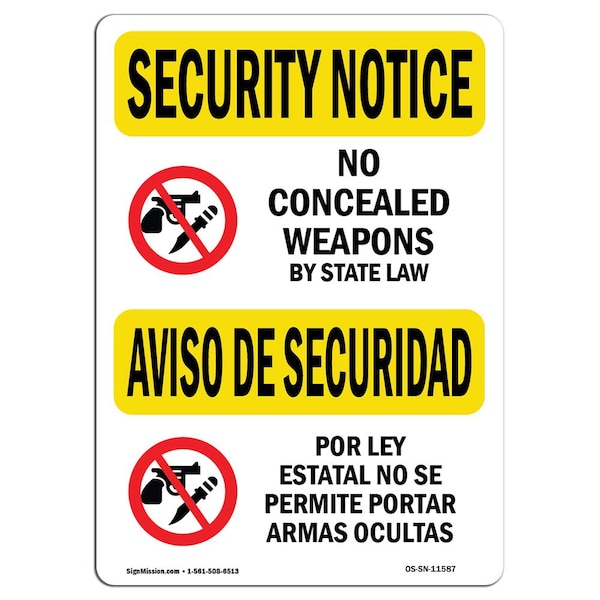 Sign, 7" H, 10" W, Aluminum, No Concealed Weapons Bilingual, Landscape, SN-L-11587
